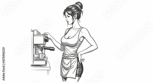 Ink-Style Barista Illustration Preparing Coffee, Espresso Machine Scene