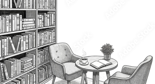 Library nook illustration with armchairs, table, coffee, book and bookshelf