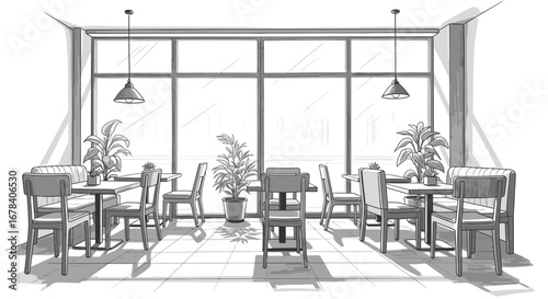 Minimalist monochrome restaurant interior illustration with plants near windows