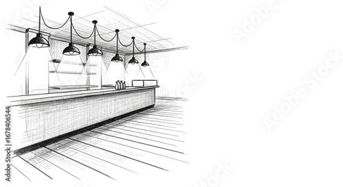 Minimalist sketch of a modern commercial space with hanging lights
