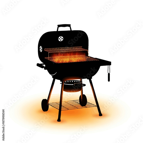 Black charcoal grill with glowing orange embers and flames, perfect for summer cookouts and outdoor dining