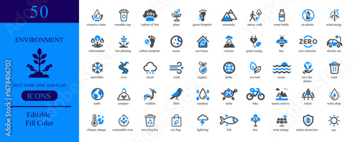 Vector art of vector set of 50 line and fill icons on the theme of environment, ecology and nature