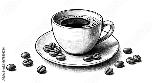 Monochrome coffee art, cup of espresso with scattered aroma seeds, minimalist style