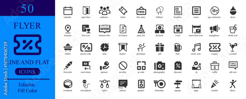 Vector art of vector set of 50 line and fill icons on the theme of flyer, advertising and marketing
