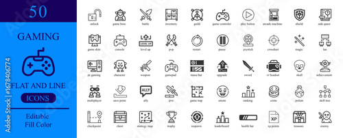 Vector art of collection of 50 gaming icons in filled and outlined style, perfect for game development and esports related projects