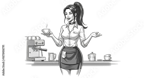 Monochrome coffee service illustration featuring a smiling waitress