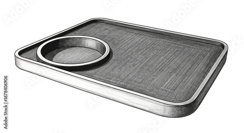 Monochrome illustration of a metallic tray with circular insert detail