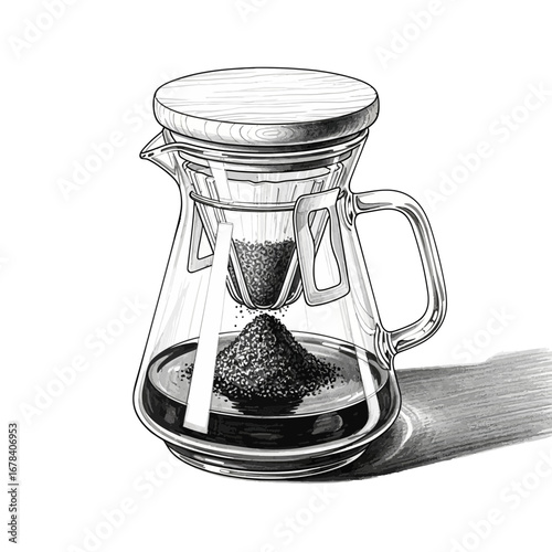 Monochrome image depicting a glass coffee pour-over maker in artistic style
