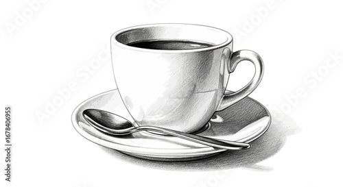 Monochrome Illustration of Coffee Cup with Spoon and Detailed Texture