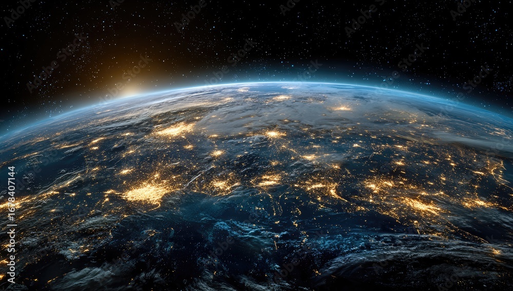 Obraz premium Earth at night, with city lights illuminating continents. Sunrise peeks from behind the planet's edge. A view from space, highlighting the illuminated areas of a globe