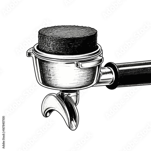 Monochrome vintage illustration of an espresso machine portafilter tool