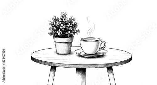 Potted plant and steaming coffee cup illustration on a wooden table