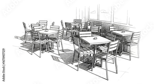 Pencil sketched rendering of an outdoor dining area, creating an atmospheric cafe ambiance