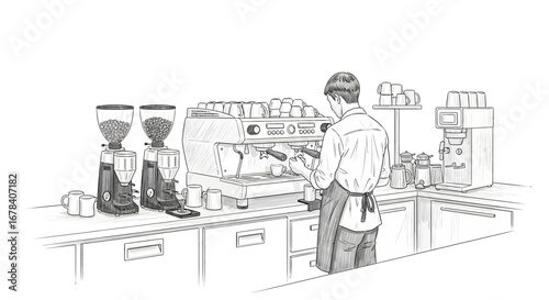 Sketch Illustration of a Barista Making Coffee in a Coffee Shop Setting