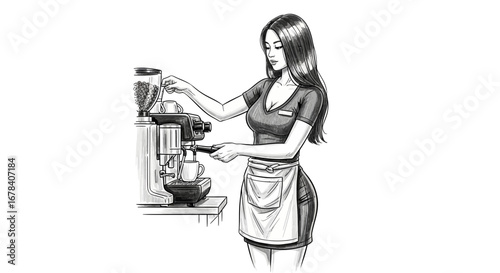 Sketch illustration of a barista preparing espresso using a professional machine
