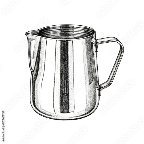 Sketch of a polished metal creamer isolated on a white background