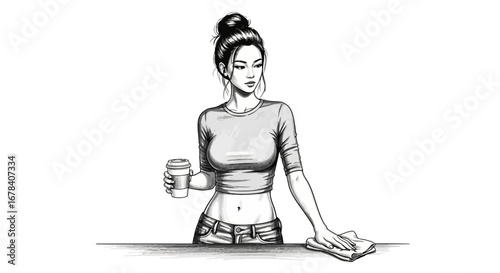 Stylish illustration of a girl tidying up her home with a coffee cup