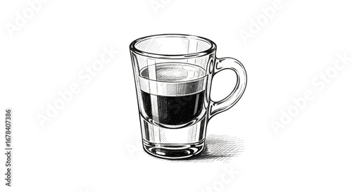 Stylish sketched illustration of a layered coffee drink in a glass mug