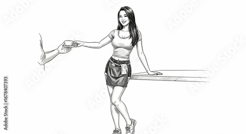 Stylized black and white illustration of a waitress serving coffee