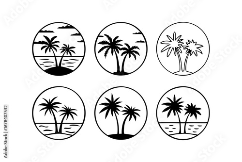 Vector graphic set of round summer vacation icons. Black line art illustrations of coconut palm trees on a tropical paradise island