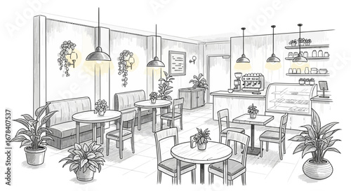 Stylized illustration of an inviting cafe interior with plants and lighting