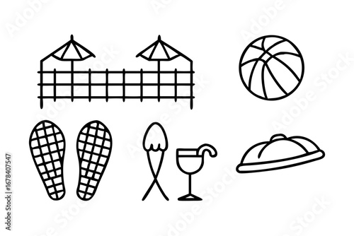 Vector art of beach vacation icons with umbrella, ball, flip flops