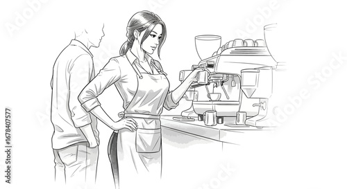 Stylized monochrome drawing presenting a barista brewing coffee for customer