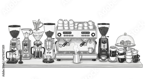 Stylized monochrome illustration showcasing various professional coffee equipment