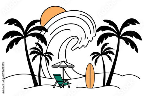 Vibrant tropical beach illustration featuring a massive ocean wave, swaying palm trees, a surfboard, and a comfy lounge chair, embodying the essence of summer relaxation and adventure
