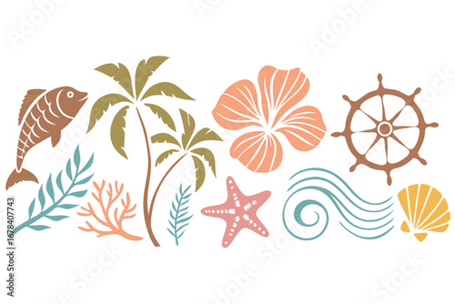 A delightful collection of tropical and nautical design elements, perfect for creating charming summer vacation graphics and coastal-themed projects