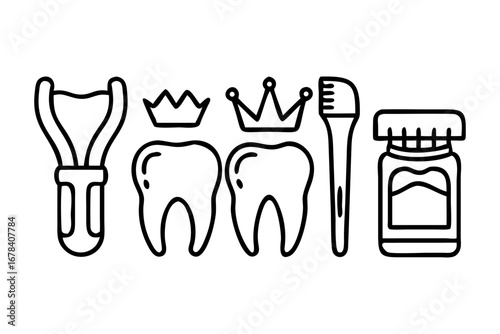 Vector art of dental care icon set in linear style drawing