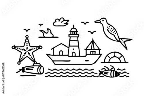 Vector art of seascape with lighthouse, ship, seagull, and starfish