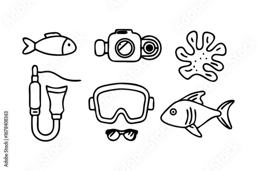 Vector art of underwater diving equipment and marine life