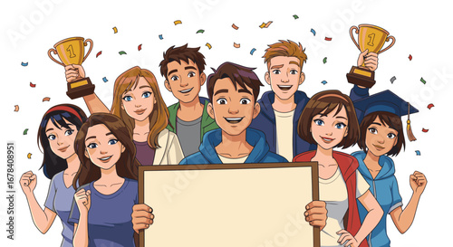 Diverse Group of Young Students Celebrating Academic Success and Teamwork with Trophies and a Blank Sign for Custom Text