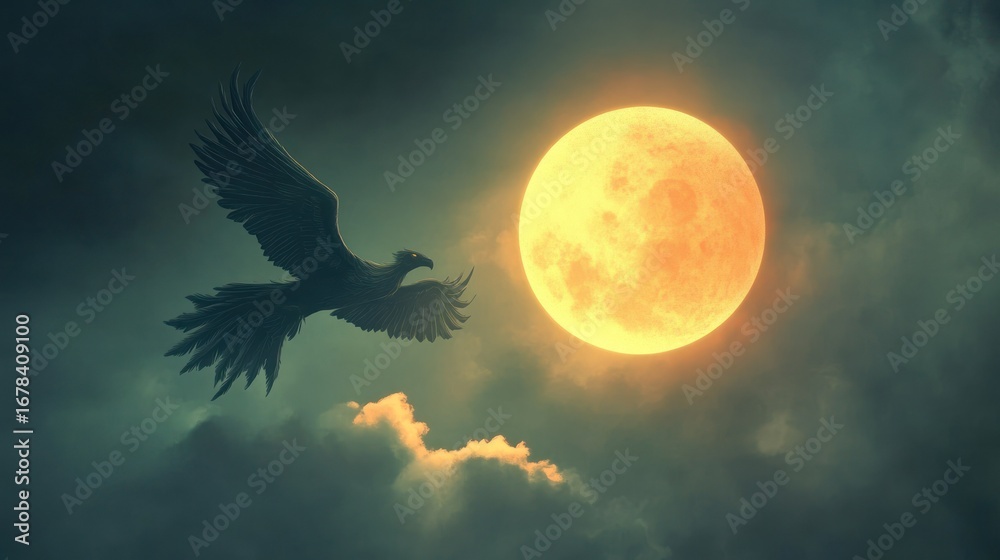 Obraz premium Mythical bird flying at night moon