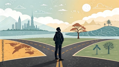 A person stands at a crossroads making a life choice between the city and nature.
