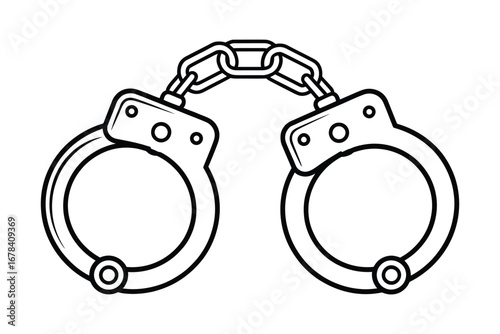 Classic metal handcuffs connected by a chain on a white background