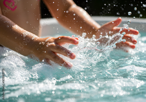 Childs hands playing in spa pool
