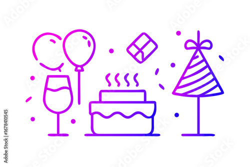Vector art of birthday party icons with cake, balloons and gift