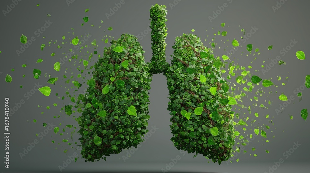 Fototapeta premium 3D render of human lungs made of green leaves symbolizing clean air, sustainability, and environmental health