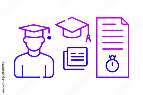 Vector art of graduation icons with student, cap, diploma and document
