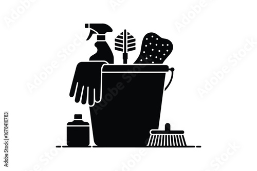 Black silhouette of a cleaning bucket filled with essential household cleaning supplies