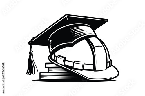 Graduation cap and hard hat symbolizing education and skilled trades career path