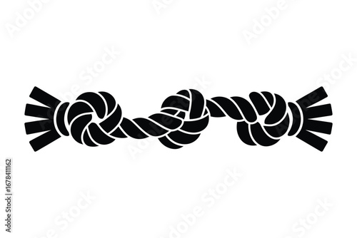 Strong black rope with knots and frayed ends on white background