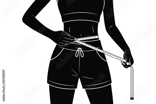 Silhouette of a woman measuring her waist with a tape measure for fitness and health