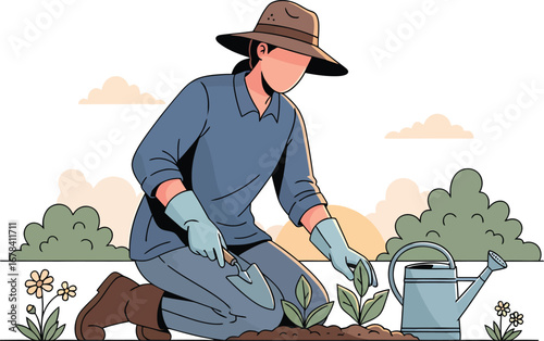 Gardener planting seedlings with trowel and watering can.