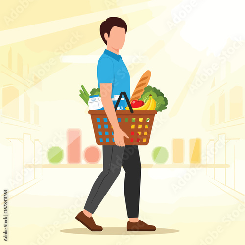 Man carrying a grocery basket filled with fresh food items.