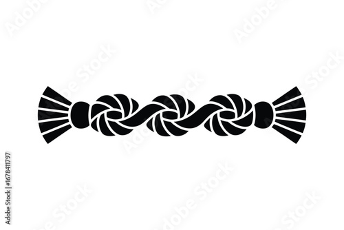 Decorative horizontal rope knot border with fan shaped ends in silhouette