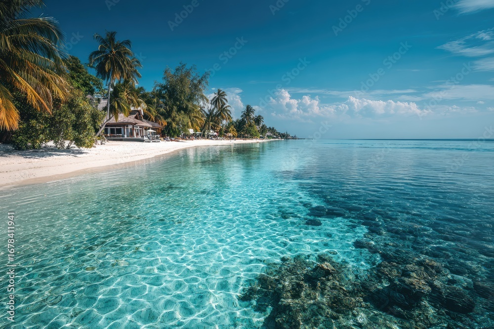 Fototapeta premium Tropical beach resort, turquoise water, white sand, palm trees