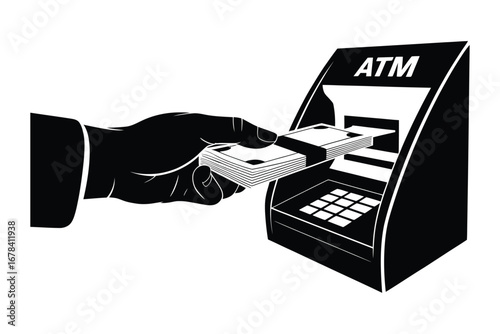 Hand inserting credit card into atm machine for cash withdrawal or deposit